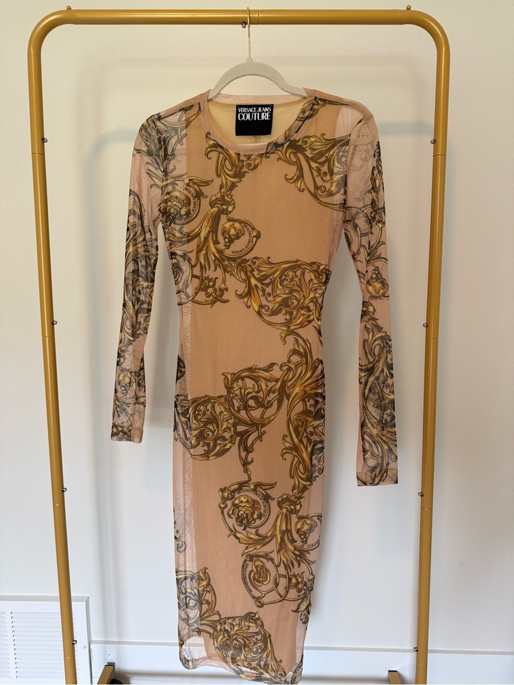 Versace Jeans Collection Beige and Gold Baroque Mesh Long Sleeve Dress